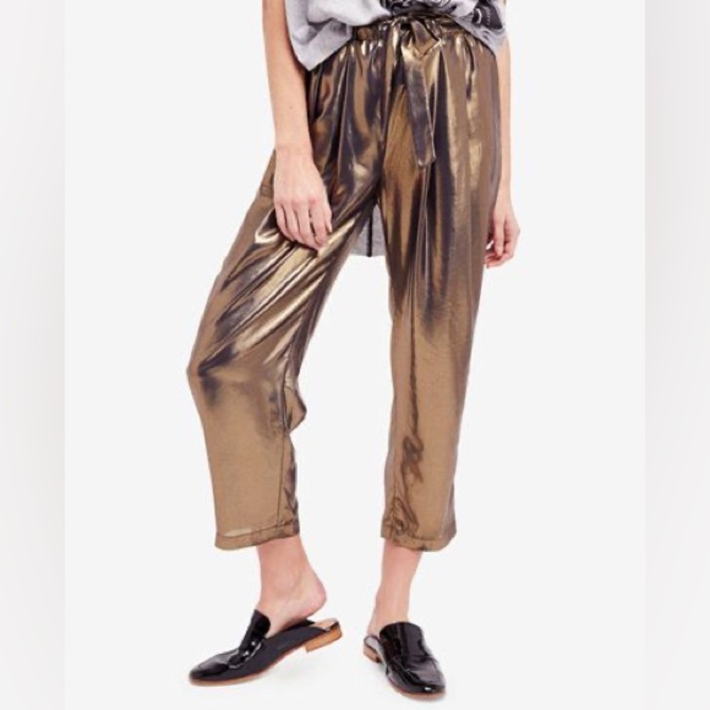 Free People GOLD Pleated Pants Boho Glam Pajama